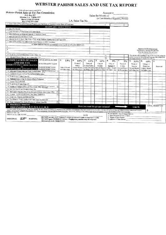 Webster Parish Sales And Use Tax Report Form - Webster Parish - Louisiana Printable pdf
