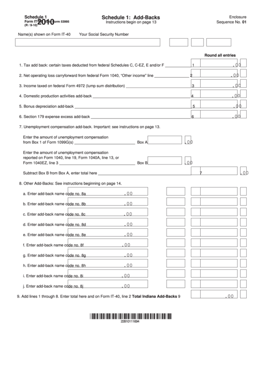 Fillable Form It-40 - Schedule 1: Add-Backs 2010 - Indiana Printable pdf
