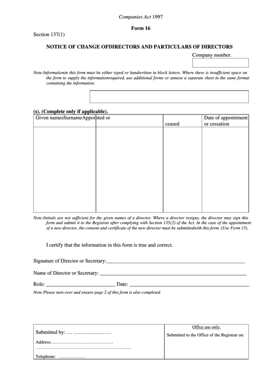Form 16 - Notice Of Change Of Directors And Particulars Of Directors Printable pdf