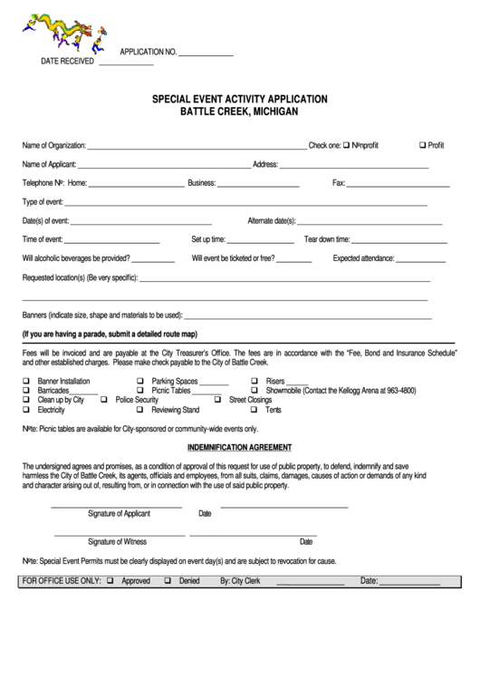 Special Event Activity Application Form- City Of Battle Creek Printable pdf