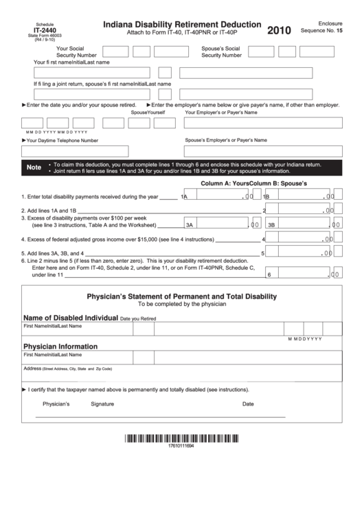 Fillable Form It-2440 - Indiana Disability Retirement Deduction - 2010 Printable pdf