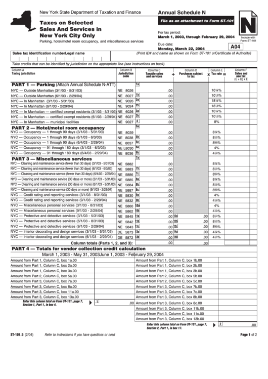 Form St-101.5 - Annual Schedule N - Taxes On Selected Sales And Services In New York City Only - New York State Department Of Taxation And Finance Printable pdf