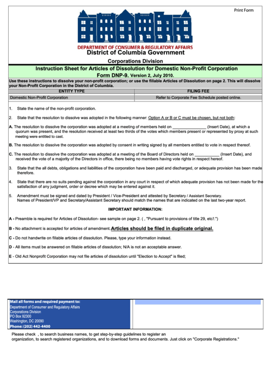 Instructions For Form Dnp-9 - Articles Of Dissolution For Domestic Non-Profit Corporation - 2010 Printable pdf