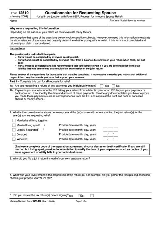 Fillable Form 12510 - Questionnaire For Requesting Spouse - 2004 Printable pdf