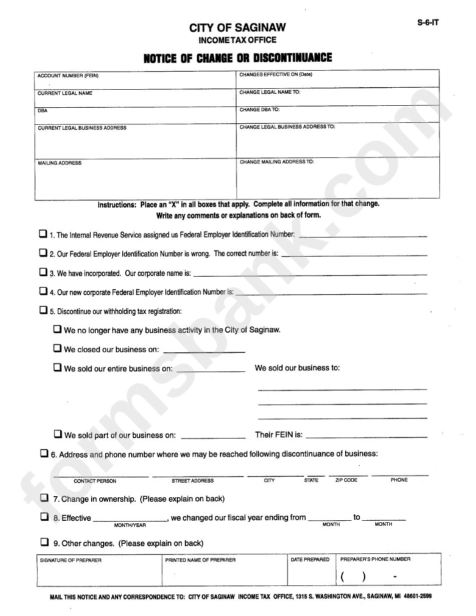 Form S-6-It - Notice Of Change Or Discontinuance - City Of Saginaw - Michigan