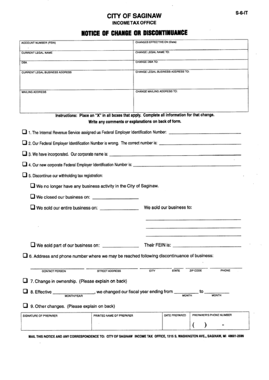 Form S-6-It - Notice Of Change Or Discontinuance - City Of Saginaw - Michigan Printable pdf