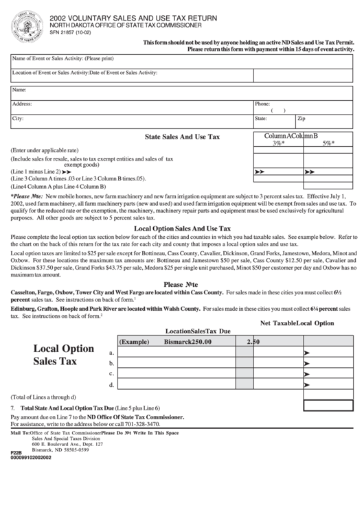 Fillable Form Sfn 21857 - 2002 Voluntary Sales And Use Tax Return Printable pdf