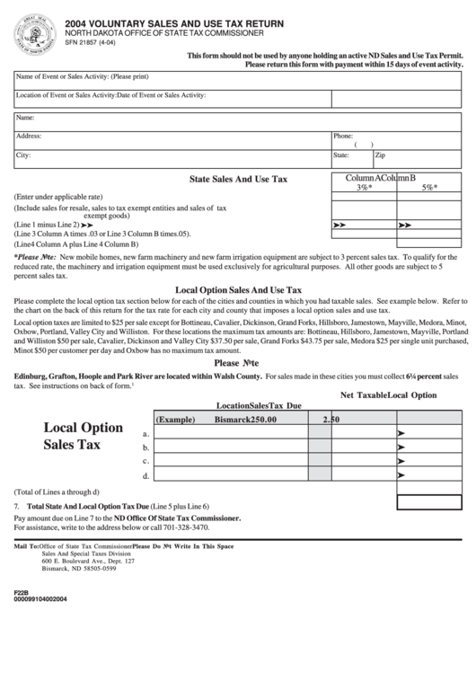 Fillable Form Sfn 21857 - 2004 Voluntary Sales And Use Tax Return Printable pdf