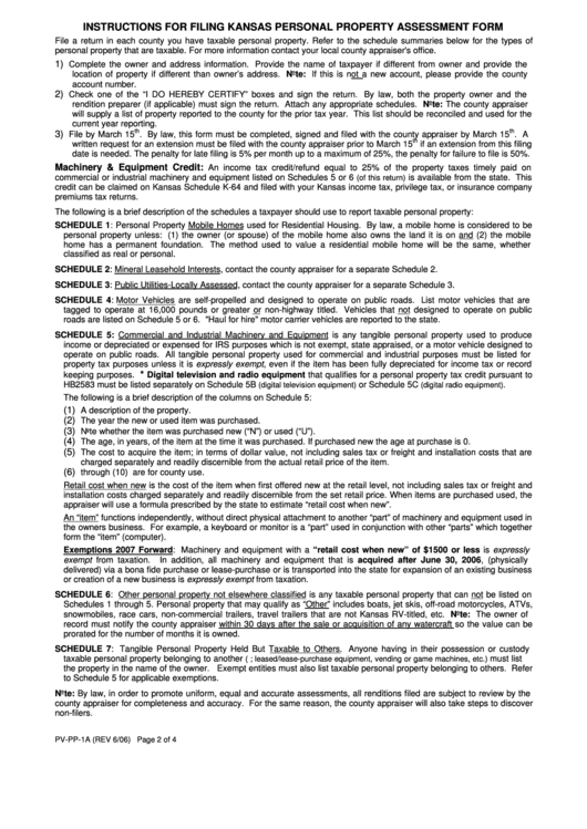 Instructions For Form Pv-Pp-1a - Kansas Personal Property Assessment - 2006 Printable pdf
