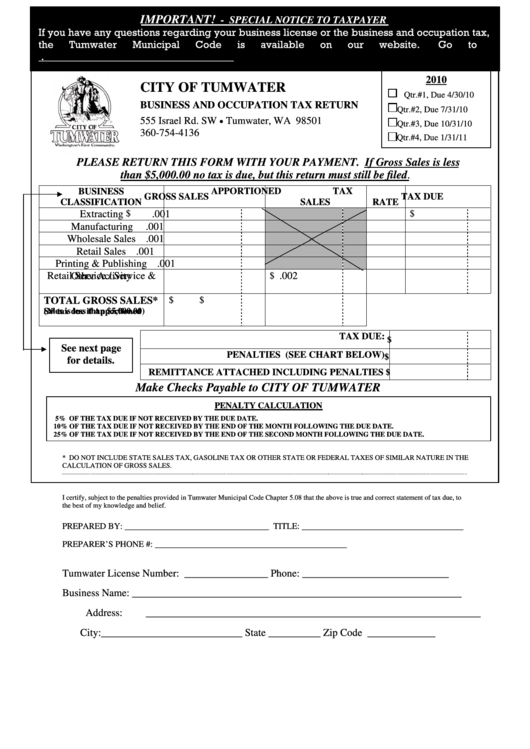 Business And Occupation Tax Return - City Of Tumwater - 2010 Printable pdf