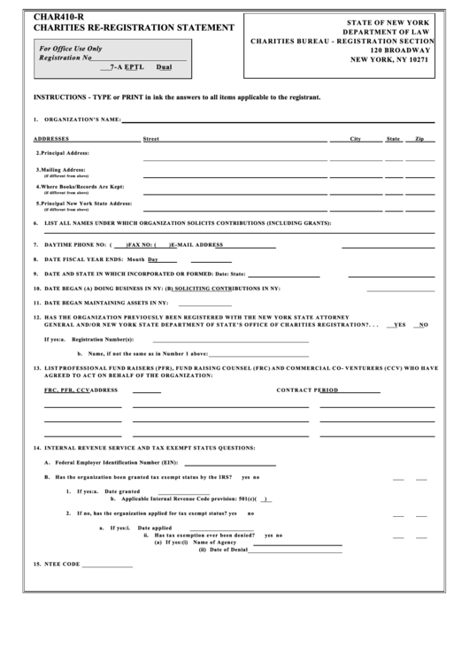 Form Char410-R - Charities Re-Registration Statement - 2002 Printable pdf