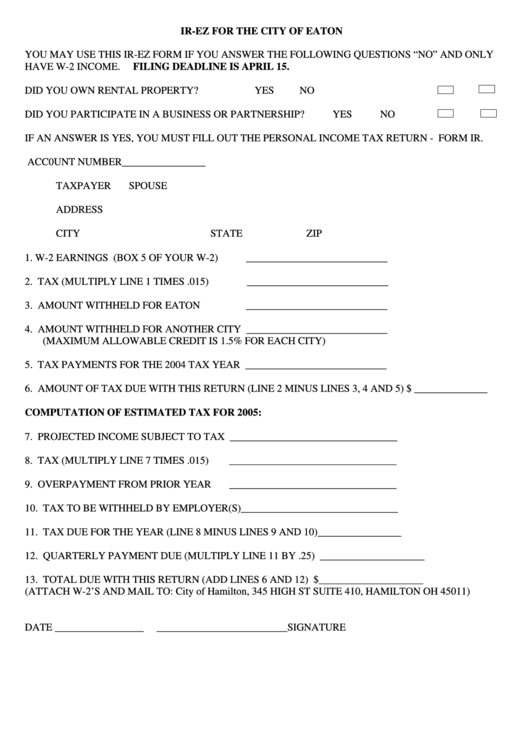Form Ir-Ez For The City Of Eaton Printable pdf