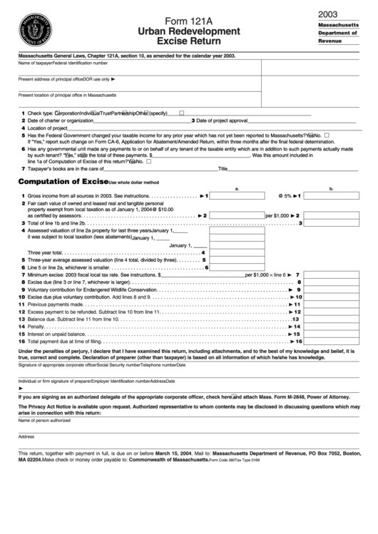 Form 121a - Urban Redevelopment Excise Return - 2003 Printable pdf