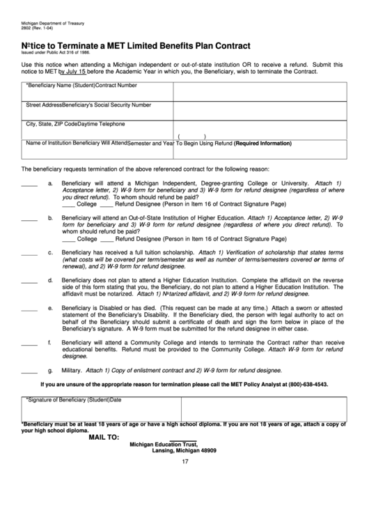 Form 2802 - Notice To Terminate A Met Limited Benefits Plan Contract Printable pdf