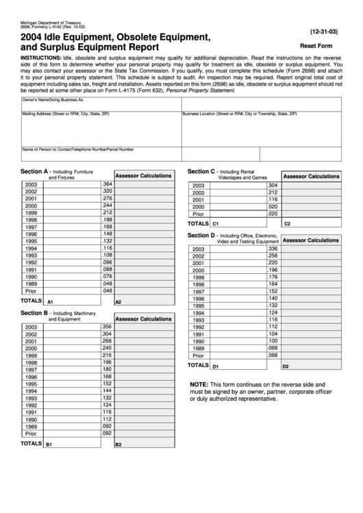Fillable Form 2698 - Idle Equipment, Obsolete Equipment, And Surplus Equipment Report - 2004 Printable pdf