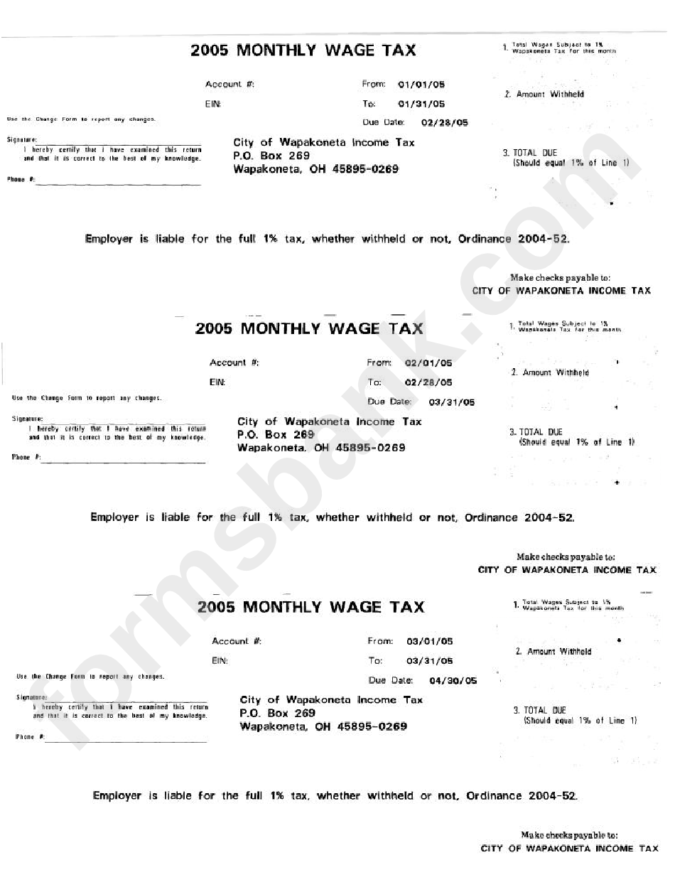 2005 Monthly Wage Tax Form Ohio printable pdf download
