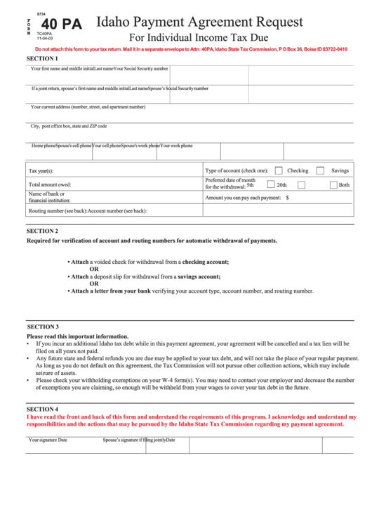 Fillable Form 40 Pa Idaho Payment Agreement Request For Individual