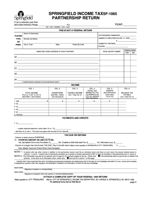 Form Sf-1065 - Springfield Income Tax Partnership Return Printable pdf
