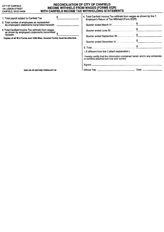 Reconciliation Of City Of Canfield Incom Withheld From Wages (Forms Eqr) With Canfield Income Tax Withholding Statements Form - Canfield - Ohio Printable pdf