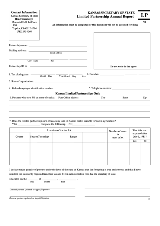 Form Lp - Limited Partnership Annual Report - Kansas Secretary Of State Printable pdf