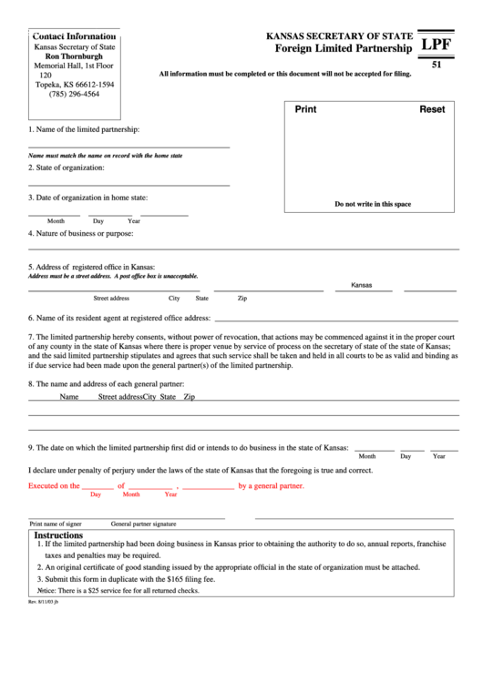 Fillable Form Lpf - Foreign Limited Partnership - Kansas Secretary Of State Printable pdf