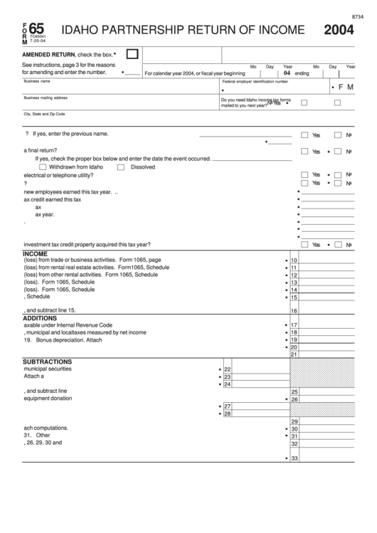 Fillable Form 65 - Idaho Partnership Return Of Income - 2004 Printable pdf