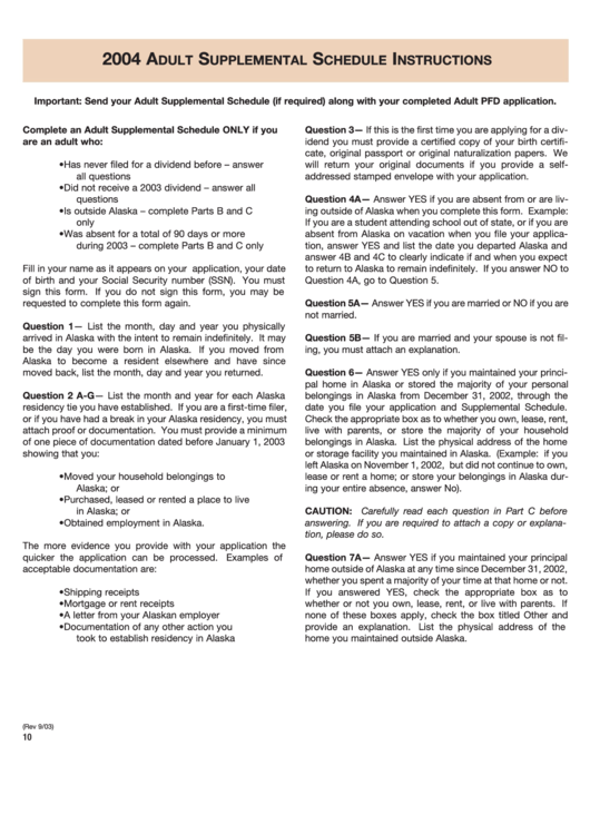 Instructions For Adult Supplemental Schedule 2004 - Alaska Printable pdf