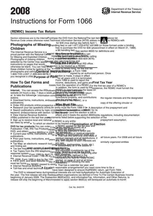 Instructions For Form 1066 - U.s. Real Estate Mortgage Investment Conduit (Remic) Income Tax Return - 2008 Printable pdf