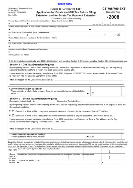 Fillable Form Ct 706/709 Ext - Application For Estate And Gift Tax Return Filing Extension And For Estate Tax Payment Extension - 2008 Printable pdf