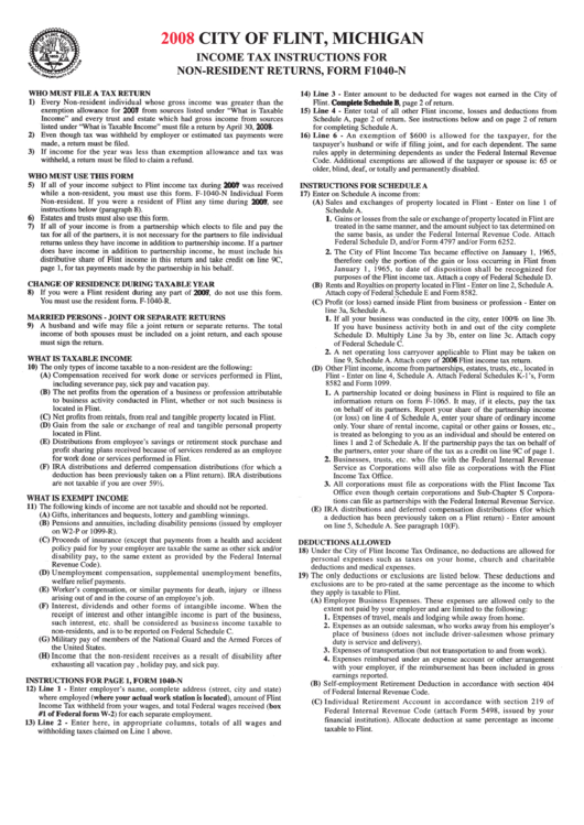Instructions For Form F1040-N - City Of Flint, Michigan Printable pdf