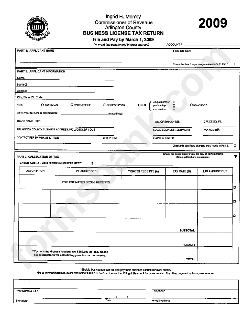 Business License Tax Return Form 2009 - Virginia Commissioner Of Revenue