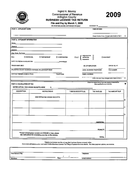 Business License Tax Return Form 2009 - Virginia Commissioner Of Revenue Printable pdf