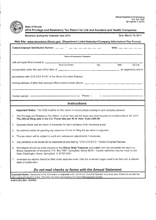 2010 Privilege And Retaliatory Tax Return For Life And Accident And Health Companies Form - Illinois Department Of Insurance Printable pdf