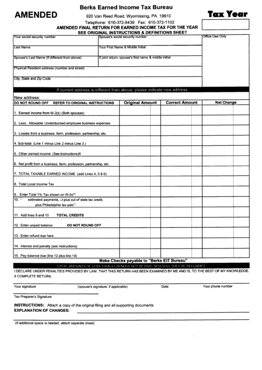 Amended Final Return For Earned Income Tax Form - Berks Earned Income Tax Bureau Printable pdf