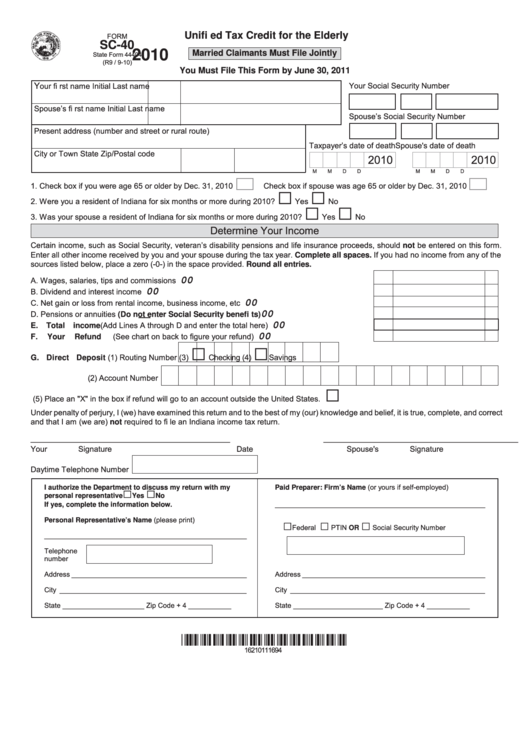 Fillable Form Sc-40 - Unified Tax Credit For The Elderly - 2010 Printable pdf