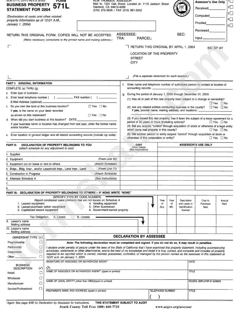 Form 571l - Business Property Statement For 2004 - California Board Of Equalization