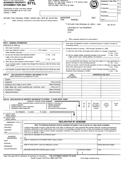 Form 571l - Business Property Statement For 2004 - California Board Of Equalization Printable pdf