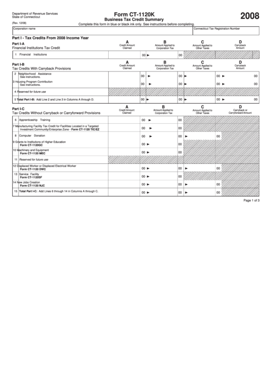 Form Ct-1120k - Business Tax Credit Summary - 2008 Printable pdf