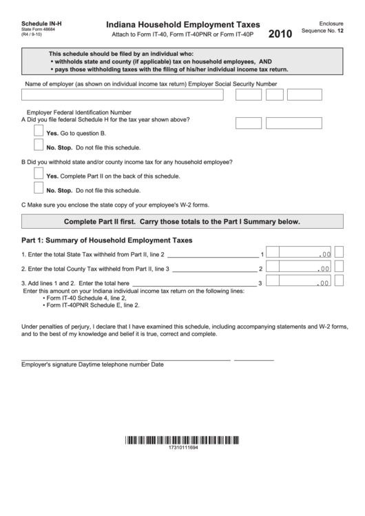 Fillable Form 48684 - Schedule In-H - Indiana Household Employment Taxes - 2010 Printable pdf