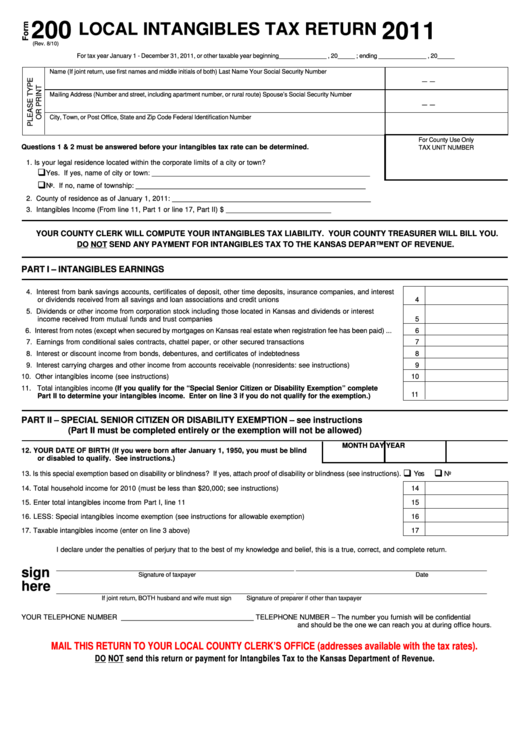 Form 200 - Local Intangibles Tax Return - 2011 Printable pdf