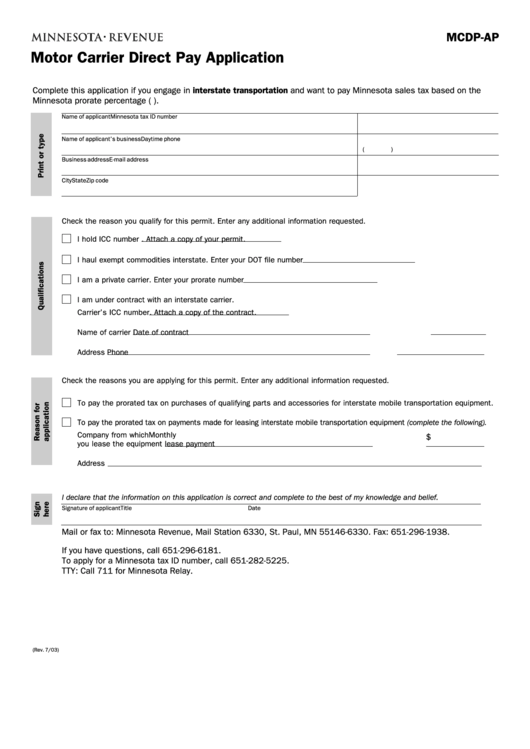 Fillable Form Mcdp-Ap - Motor Carrier Direct Pay Application - Minnesota Department Of Revenue Printable pdf