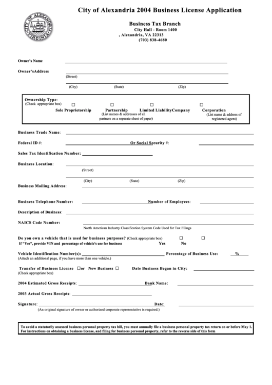 Fillable Business License Application Form 2004 City Of Alexandria Virginia Printable Pdf