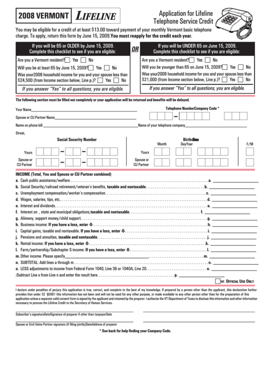 Application For Lifeline Telephone Service Credit - Vermont - 2008 Printable pdf
