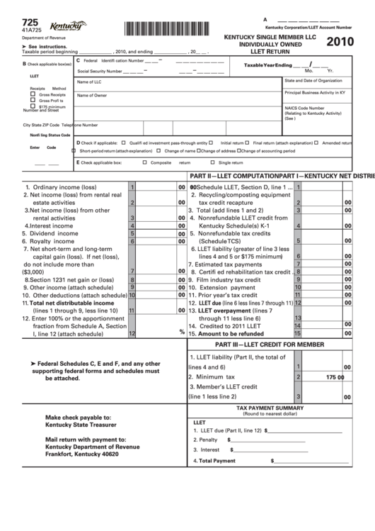 Form 725 - Kentucky Single Member Llc Individually Owned Llet Return - 2010 Printable pdf