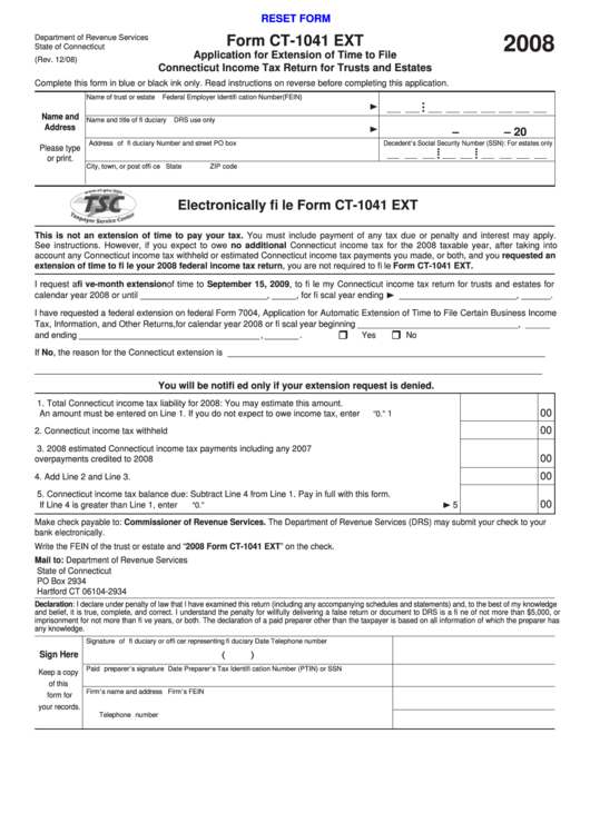 Fillable Form Ct-1041 Ext - Application For Extension Of Time To File Connecticut Income Tax Return For Trusts And Estates - 2008 Printable pdf