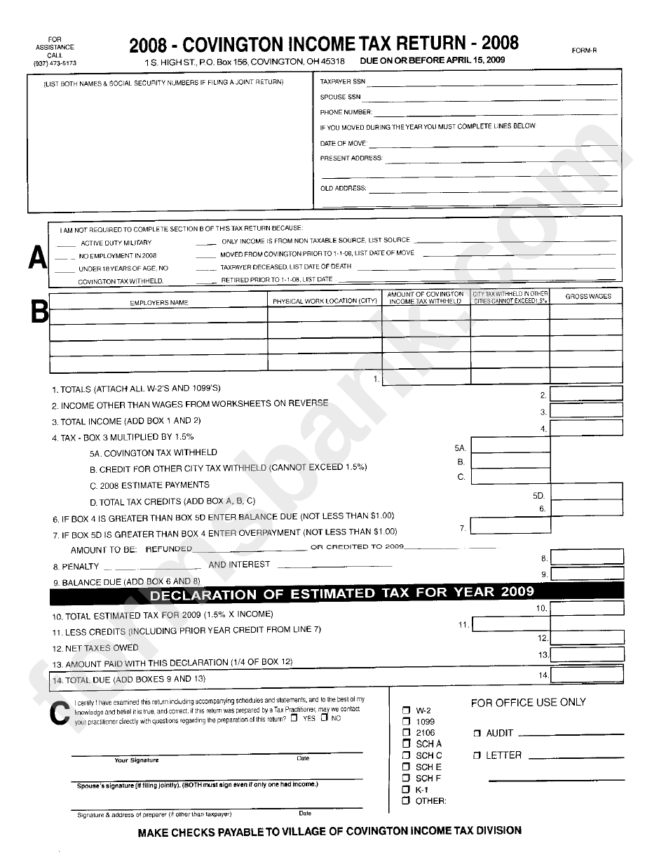 Covington Income Tax Return Form 2008 - Ohio