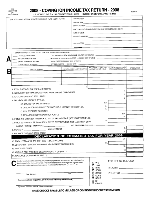 Covington Income Tax Return Form 2008 - Ohio Printable pdf