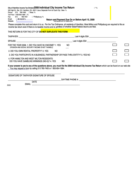 2008 Individual City Income Tax Return - City Of Hamilton Income Tax Division Printable pdf