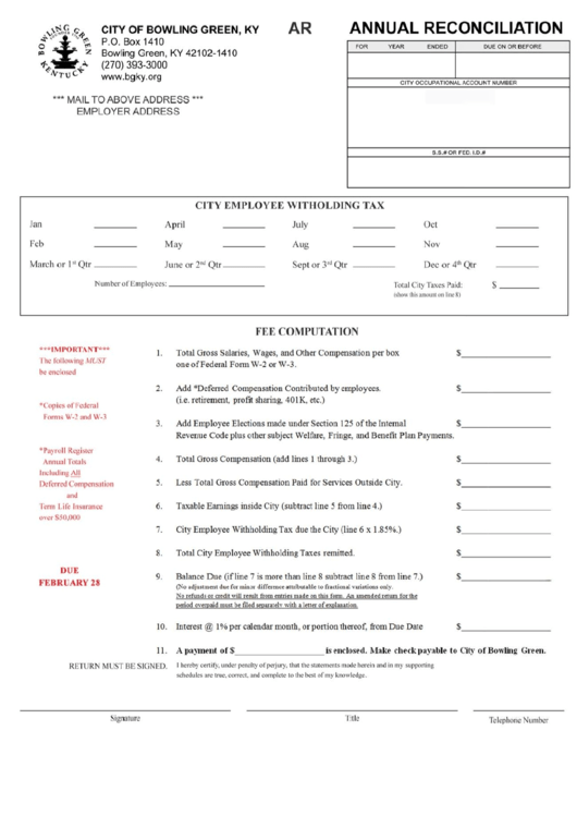 Fillable Annual Reconciliation Form - City Of Bowling Green, Kentucky Printable pdf