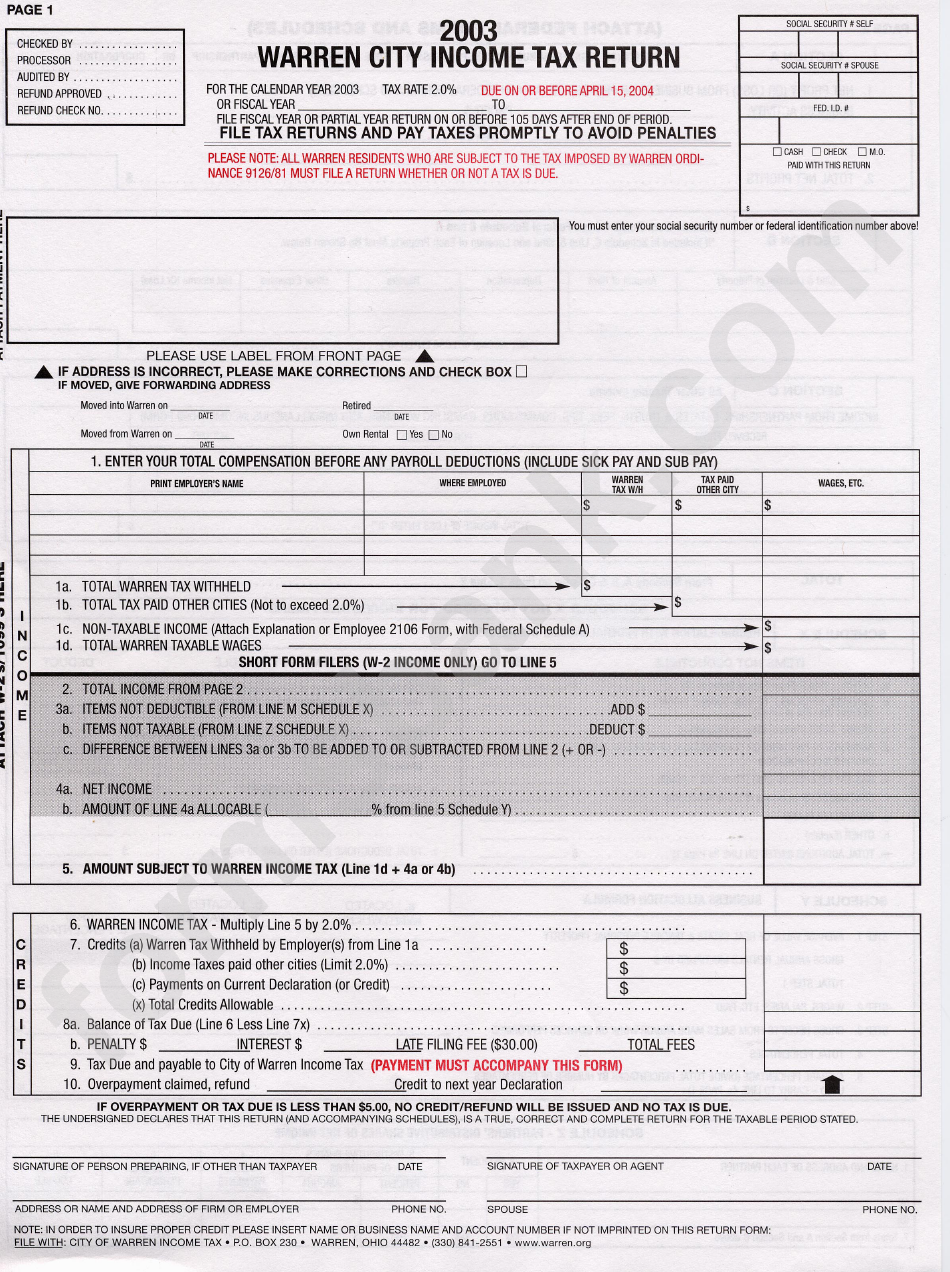 Warren City Income Tax Return Form 2003 - Ohio